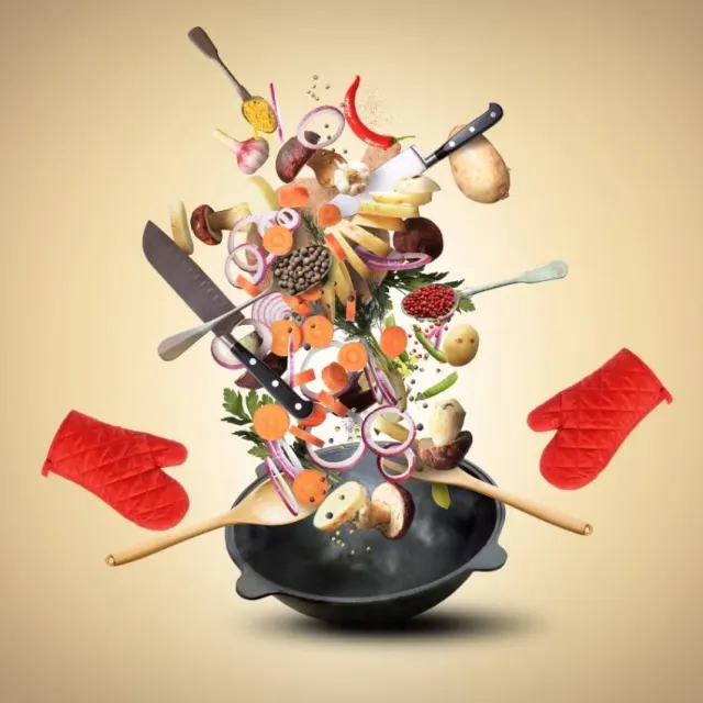 Floating fresh ingredients around a chef knife